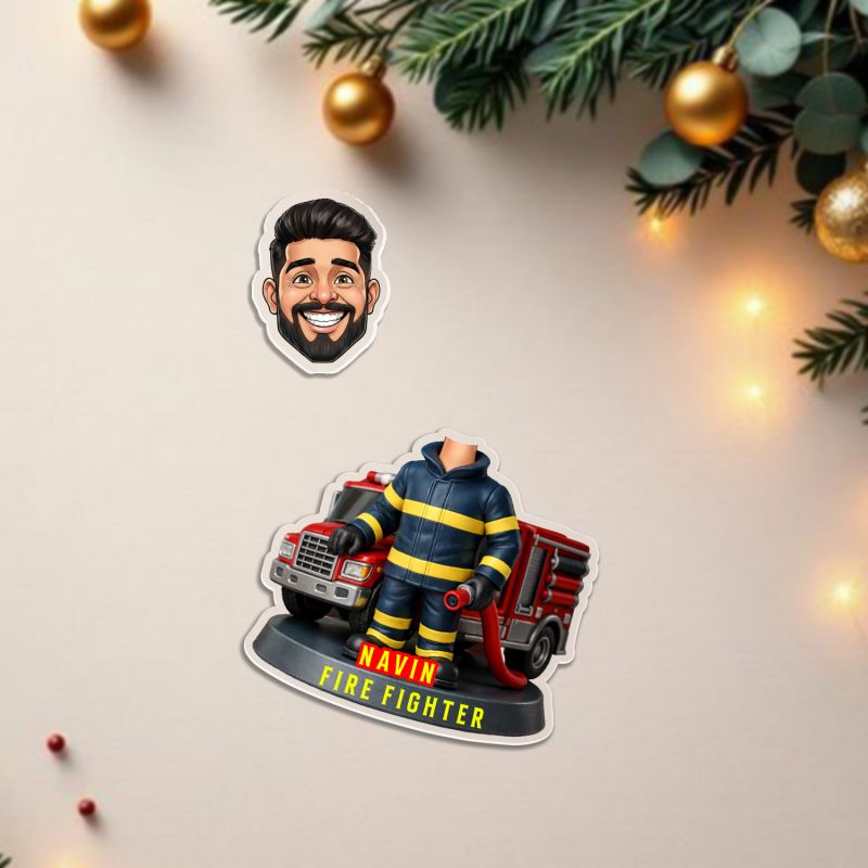 Personalized Firefighter Theme Caricature with Fire Truck Design Custom with Face Cutout & Name Truck Dashboard Decor Gift for Firemen Solar Powered Moving Head